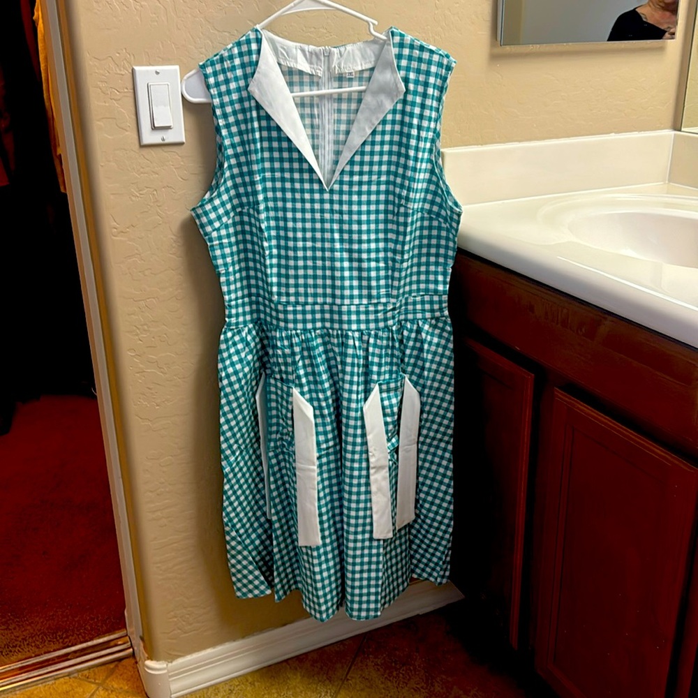50’s style white and teal checked dress brand new never worn